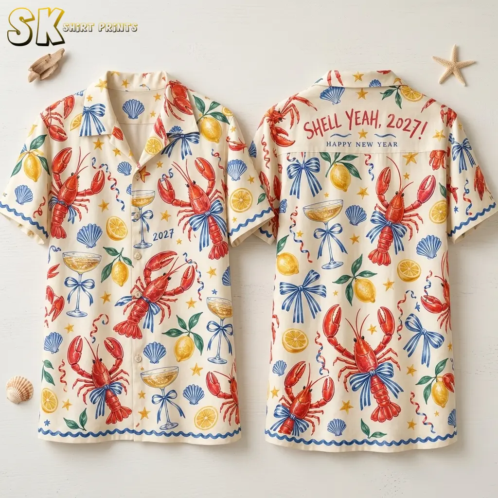 Front and back of a cream lobster-print shirt displayed side by side on a pale surface with shells and a starfish.