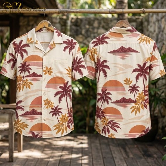 The shirt hangs from a bamboo rod in both front and back orientations, set against a stone wall and lush garden, showing the chest pocket on the front view and the centered mountain-and-sunset composition on the back.