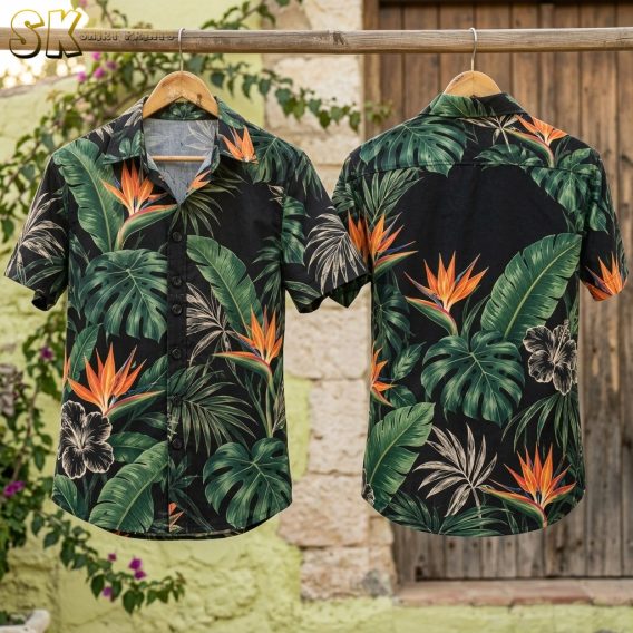 Front and back of a black tropical short-sleeve shirt hang on wooden hangers against a stone wall, showing the all-over green leaf print and the large orange bird of paradise flower centered on the back panel.