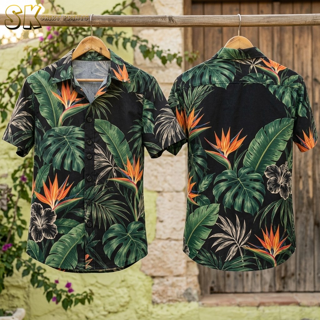 Front and back of a black tropical short-sleeve shirt hang on wooden hangers against a stone wall, showing the all-over green leaf print and the large orange bird of paradise flower centered on the back panel.
