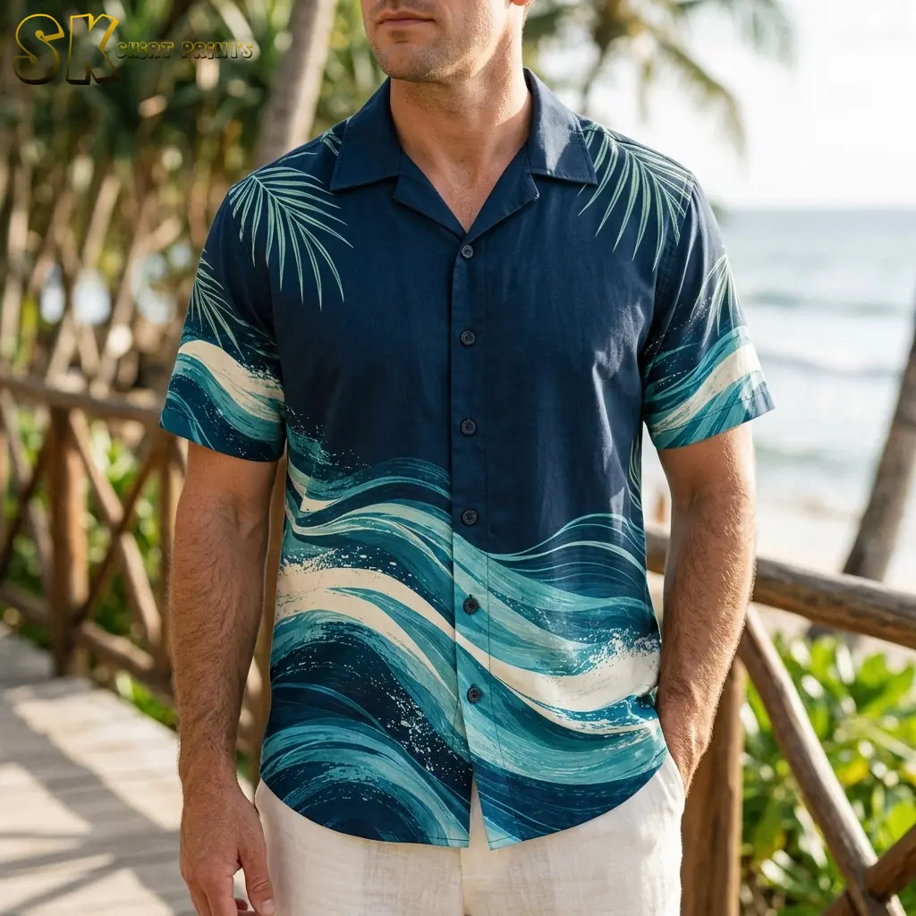 A man stands on a wooden beachside walkway wearing a navy logo aloha shirt with large swirling ocean wave graphics sweeping across the chest and sleeves, palm trees and ocean visible behind him.
