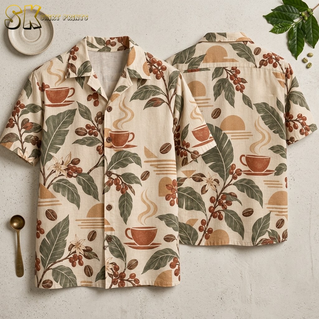 Front and back of a beige camp-collar shirt laid flat, showing an all-over pattern of steaming coffee cups, red coffee cherry branches, scattered beans, and muted sun shapes in rust, olive, and tan.