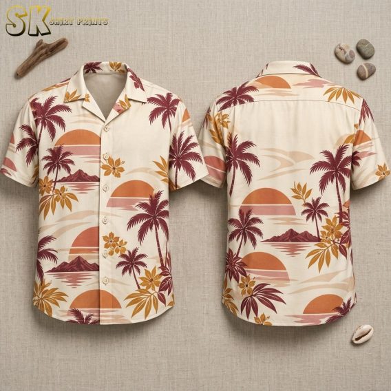 Both the front and back of a cream Hawaiian shirt are displayed side by side on an invisible hanger, showing large burnt-orange sunsets, deep maroon palm trees, and golden hibiscus clusters across the full all-over print.