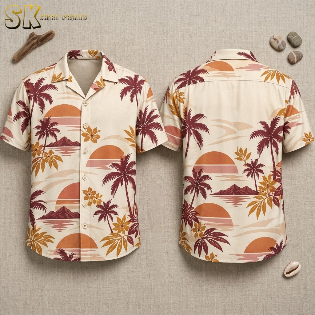 Both the front and back of a cream Hawaiian shirt are displayed side by side on an invisible hanger, showing large burnt-orange sunsets, deep maroon palm trees, and golden hibiscus clusters across the full all-over print.