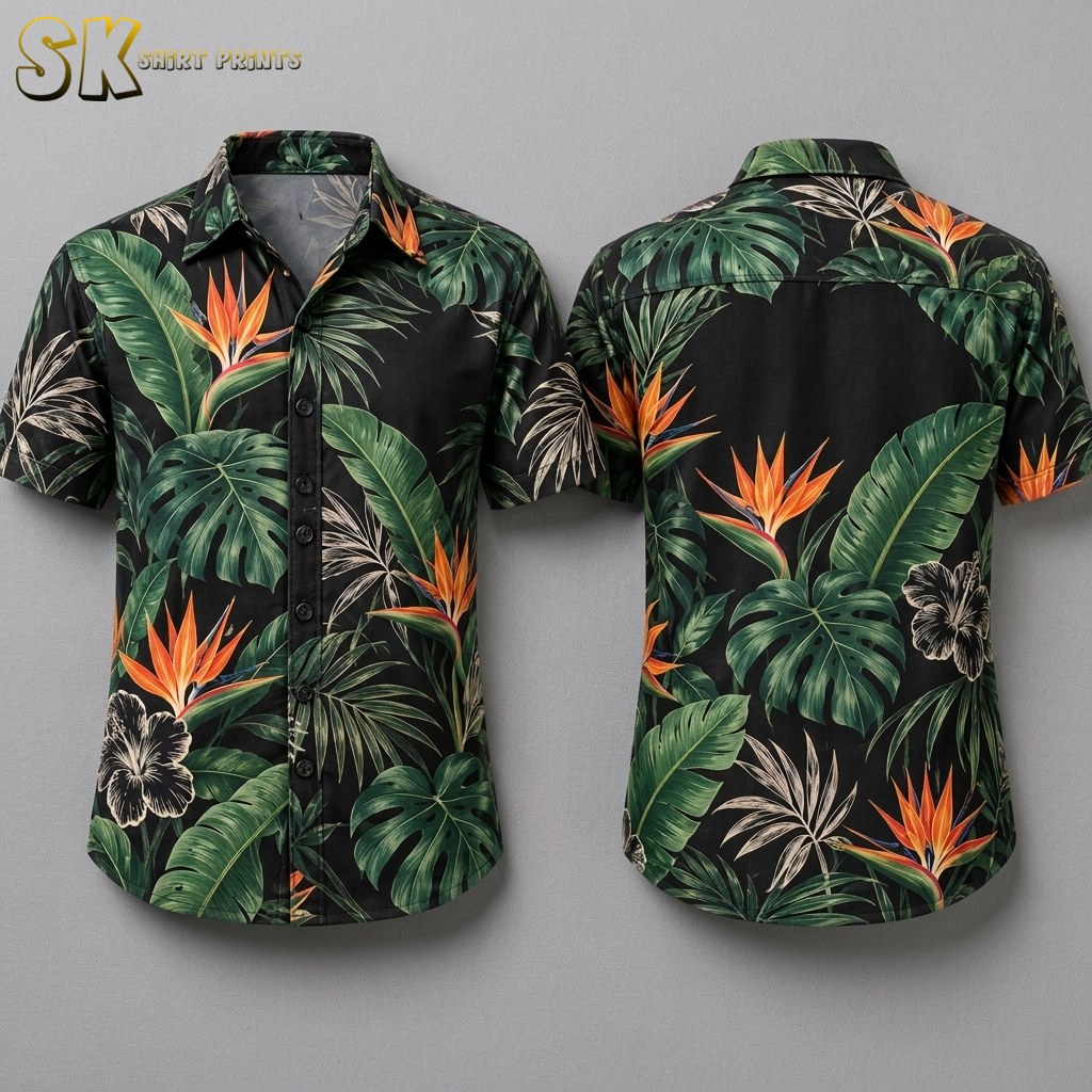 Front and back hanger views of a black short-sleeve button-up shirt printed with large monstera leaves, banana leaves, vivid orange bird of paradise flowers, and cream-toned hibiscus outlines.