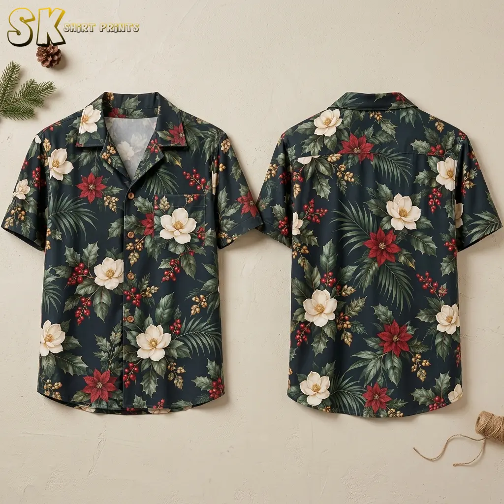 Front and back views of a christmas hawaiian shirt displayed flat, showing large white magnolia blooms, red poinsettias, holly leaves with red berries, and palm fronds on a dark navy base.
