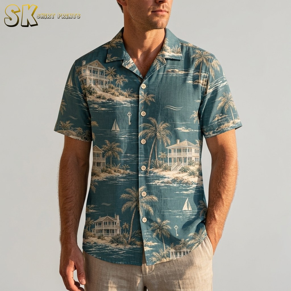 A man wearing the teal coastal Hawaiian shirt stands against a neutral background, with the beige palm tree and beach house print clearly visible across the chest and button placket.