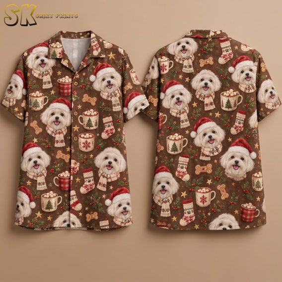 Front and back of a brown christmas aloha shirt displayed on an invisible hanger, covered in smiling white Maltese faces wearing Santa hats and scarves alongside hot cocoa mugs, knitted stockings, and gingerbread dog bones.