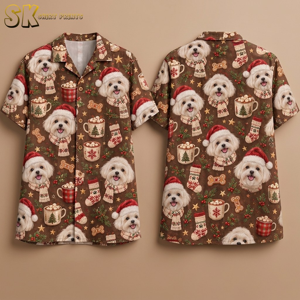 Front and back of a brown christmas aloha shirt displayed on an invisible hanger, covered in smiling white Maltese faces wearing Santa hats and scarves alongside hot cocoa mugs, knitted stockings, and gingerbread dog bones.