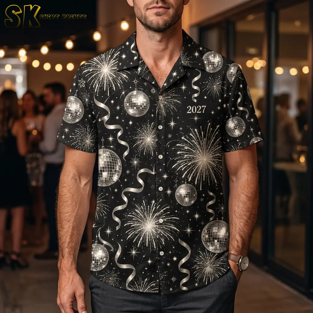 A man wears the black 2027 disco ball shirt with dark pants at a gathering beneath warm string lights.