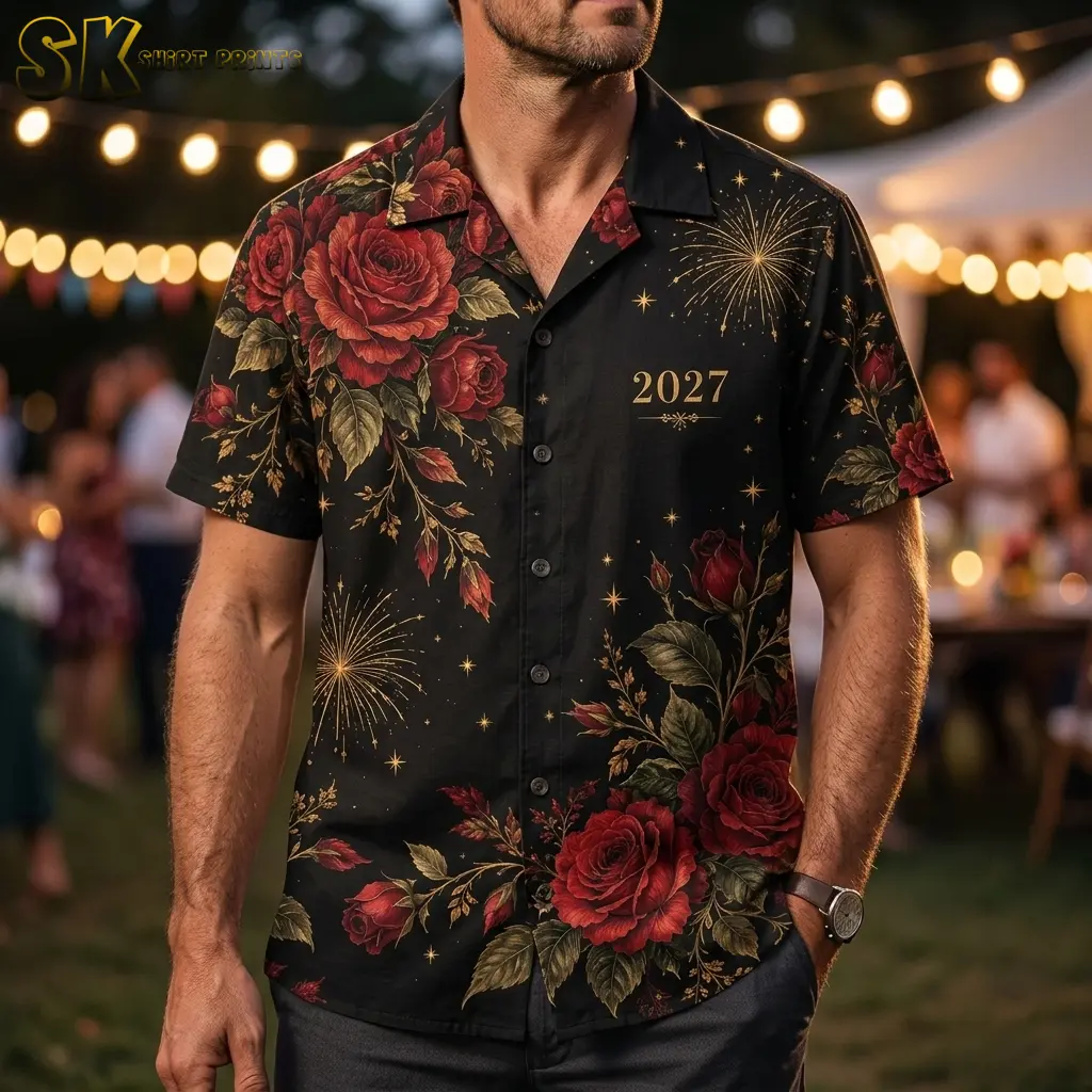 A man wears a black New Year shirt with gold “2027” chest lettering at an outdoor gathering under string lights.