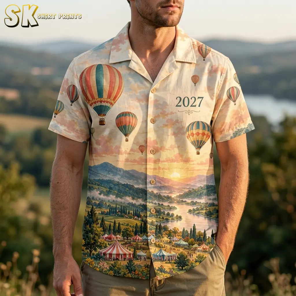 A man wears a short-sleeve New Year shirt outdoors, showing 2027 lettering and hot air balloons above a printed river landscape.