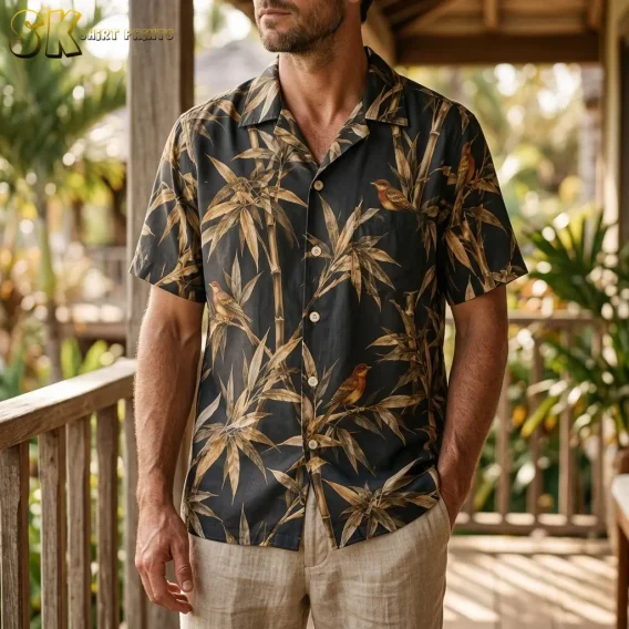 A man wears the charcoal bird-and-bamboo shirt with light-colored pants on a wooden porch surrounded by greenery.