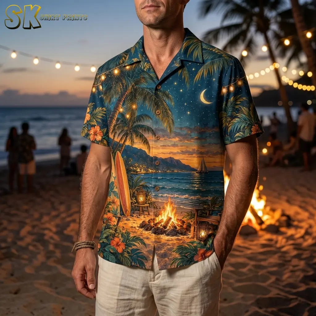 A man wears the tropical bonfire shirt with light-colored shorts on a beach at dusk, with string lights and a fire behind him.