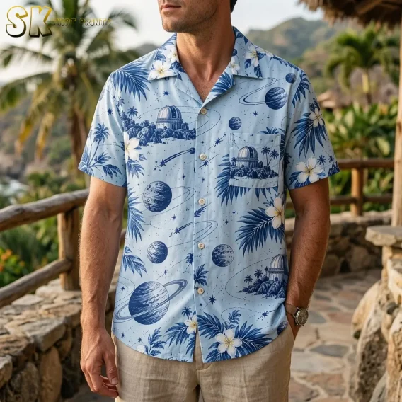 A man wears a light blue button-up shirt with dark blue planets and observatory illustrations beside a wooden railing.
