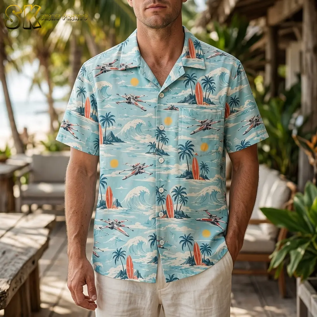 A man wears a light blue Star Wars Hawaiian shirt with white shorts on a wooden deck surrounded by tropical greenery.