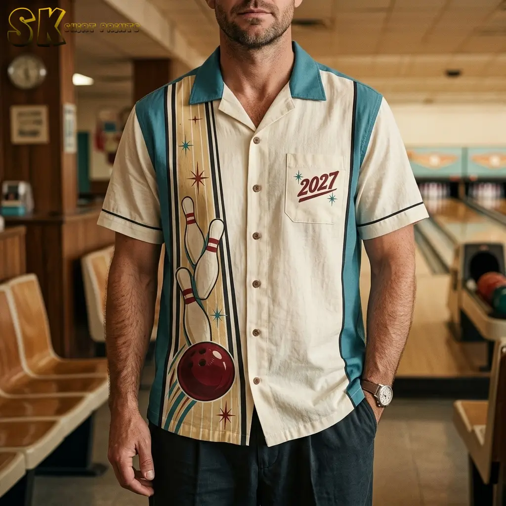 A man at a bowling alley wears a cream and teal button-up shirt with a red bowling ball print and 2027 chest pocket.