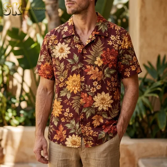 A man wears a burgundy floral button-up shirt with beige pants, standing beside lush greenery with one hand in his pocket.
