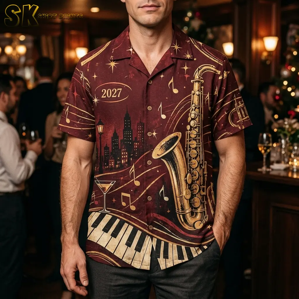 A man wears a burgundy short-sleeve button-up with a large gold saxophone, “2027” chest detail, and piano keys along the hem in a bar.