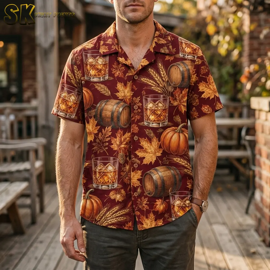 A man stands on a wooden deck wearing a burgundy Thanksgiving Hawaiian shirt with large barrel and pumpkin illustrations.