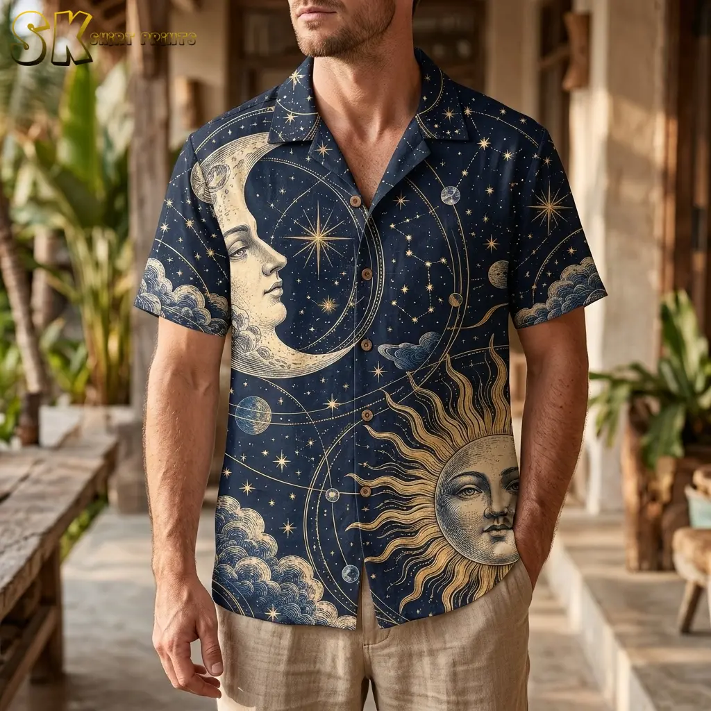 A man wears a navy celestial button-up shirt with beige pants on a covered patio, displaying a large crescent face across the chest.