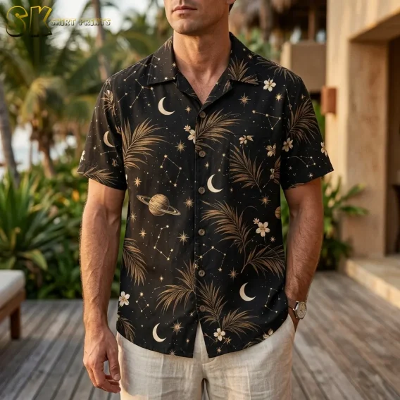 A man wears a black palm-and-moon print button-up shirt with light shorts on a wooden deck surrounded by greenery.