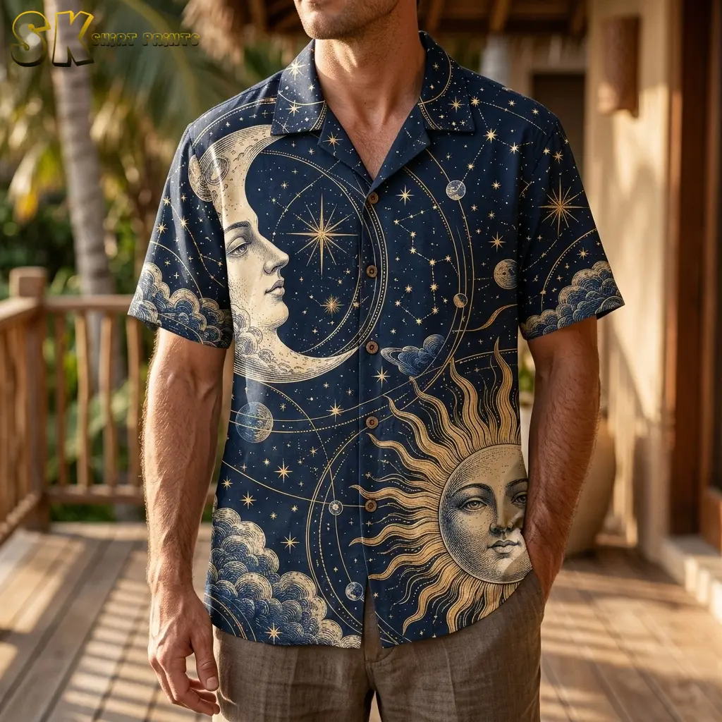 A man stands on a wooden porch wearing a navy short-sleeve button-up with a large crescent moon face and sun face.
