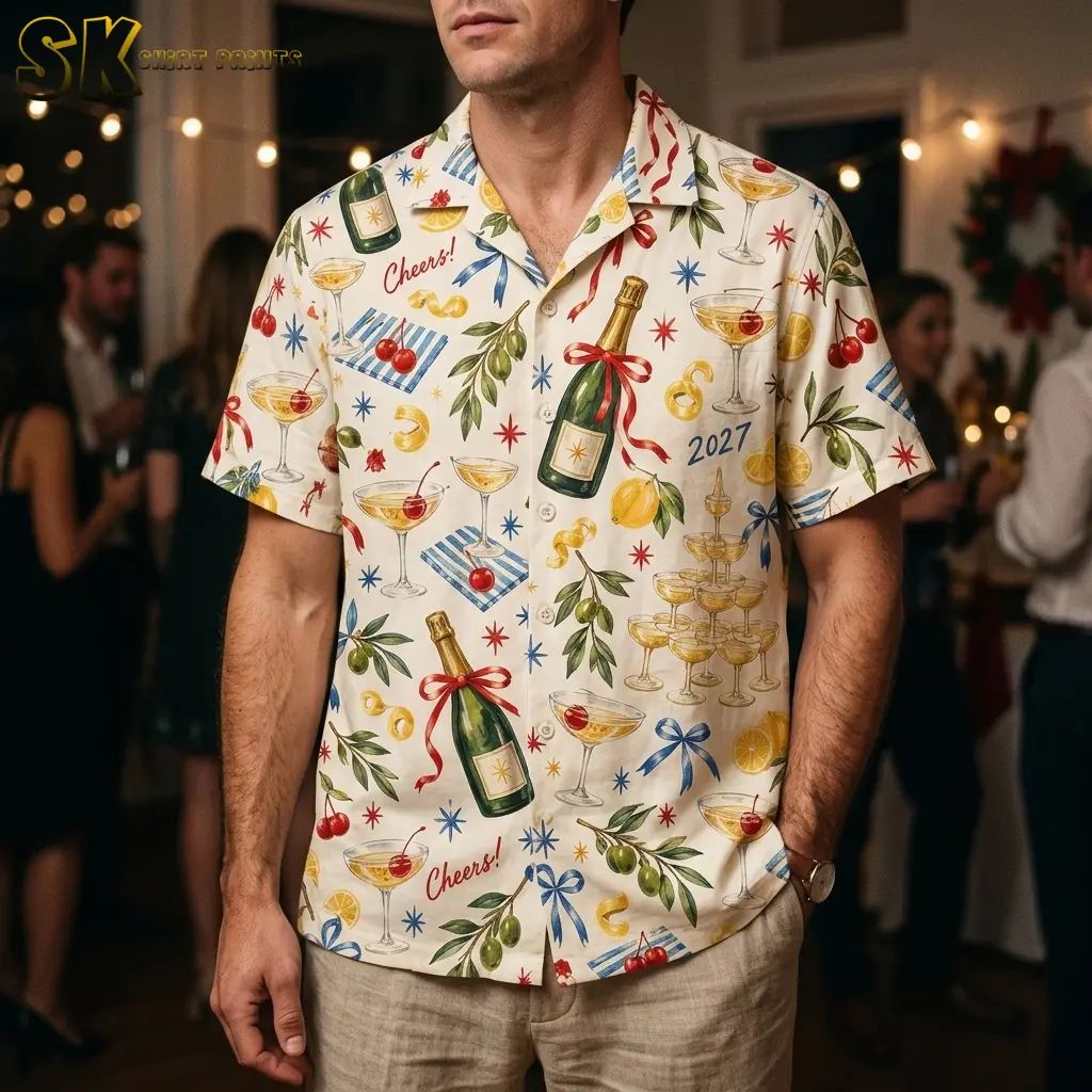 A man wears the champagne-print button-up untucked with beige pants at an indoor party under string lights.