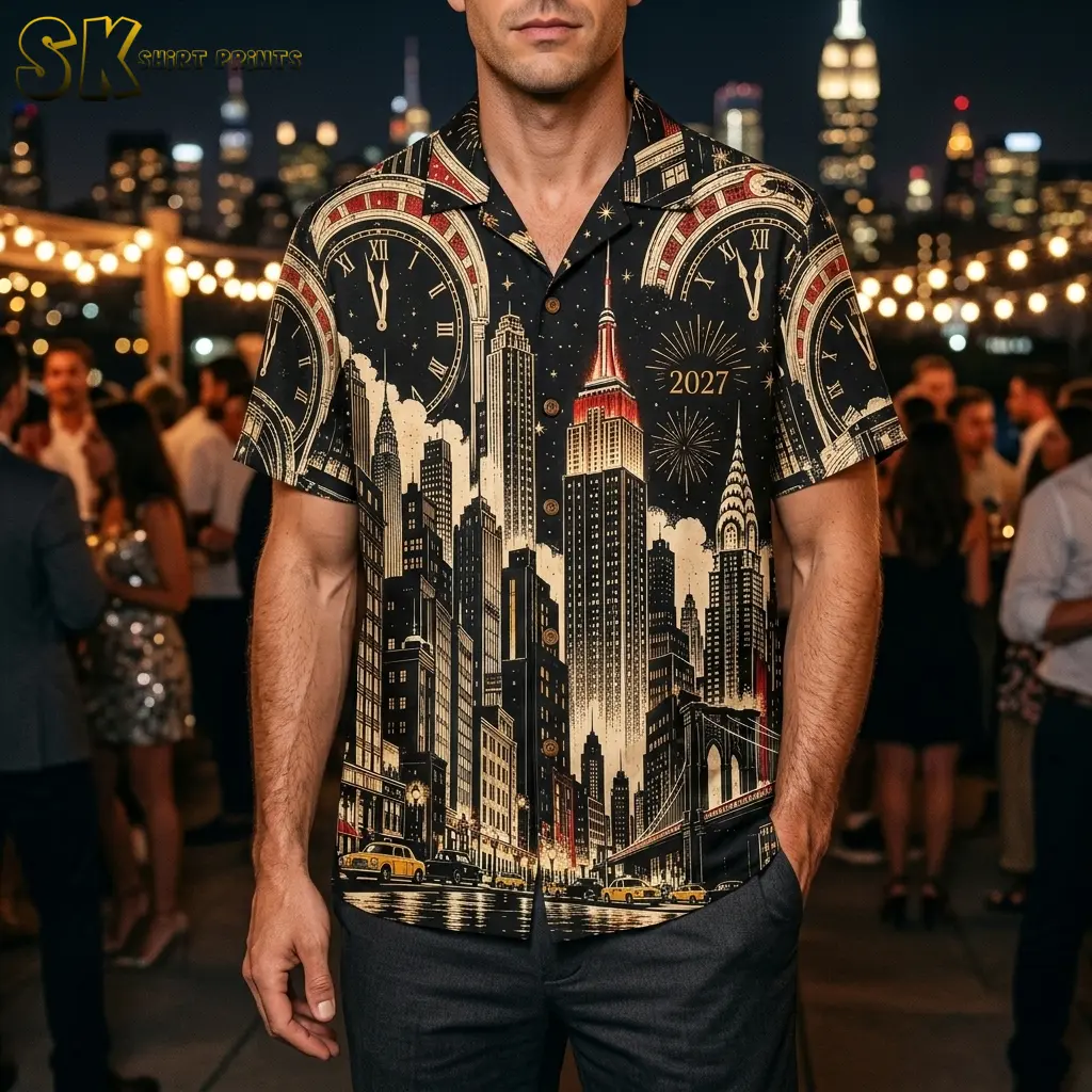 A man wears the black city-print button-up with dark pants at a nighttime gathering beneath string lights.