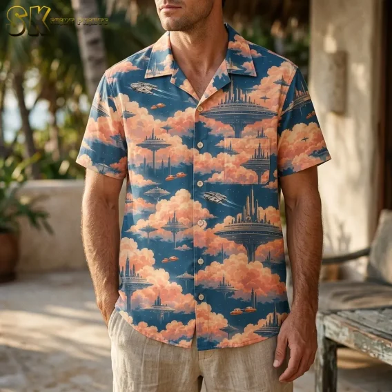 A man wears a blue Star Wars Hawaiian shirt with floating city artwork and beige pants on an outdoor patio.
