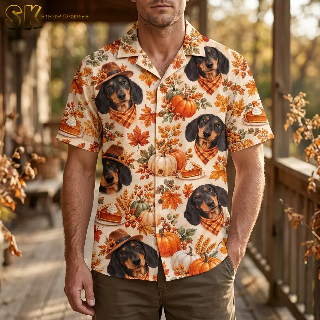 A man on a wooden porch wears a cream Thanksgiving Hawaiian shirt with large dachshund portraits, pumpkins, and orange leaves.