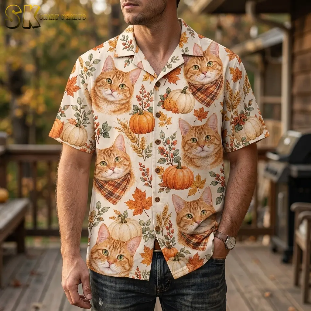 A man on a wooden deck wears a cream Thanksgiving Hawaiian shirt with large orange cat faces and pumpkins.