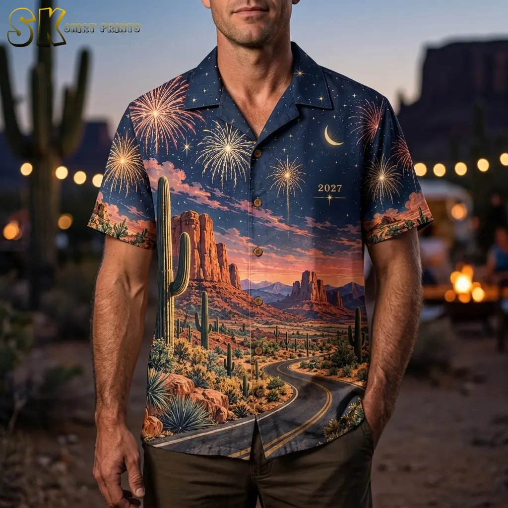 A man wears the short-sleeve desert shirt with dark pants outdoors, showing the fireworks print and small 2027 chest detail.
