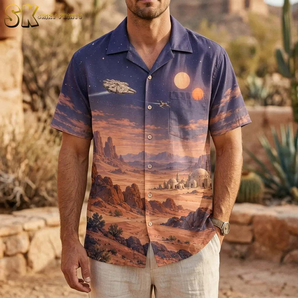 A man wears a men's Star Wars Hawaiian shirt with light-colored pants outdoors, with twin suns printed above the chest pocket.