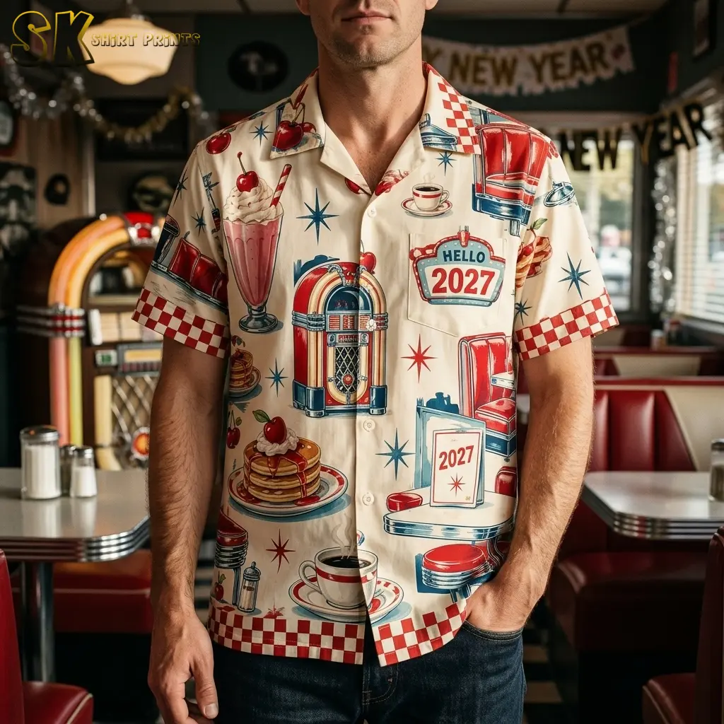 A man stands in a diner wearing a cream button-up shirt with a large jukebox illustration, a pink milkshake, and a “HELLO 2027” chest graphic.
