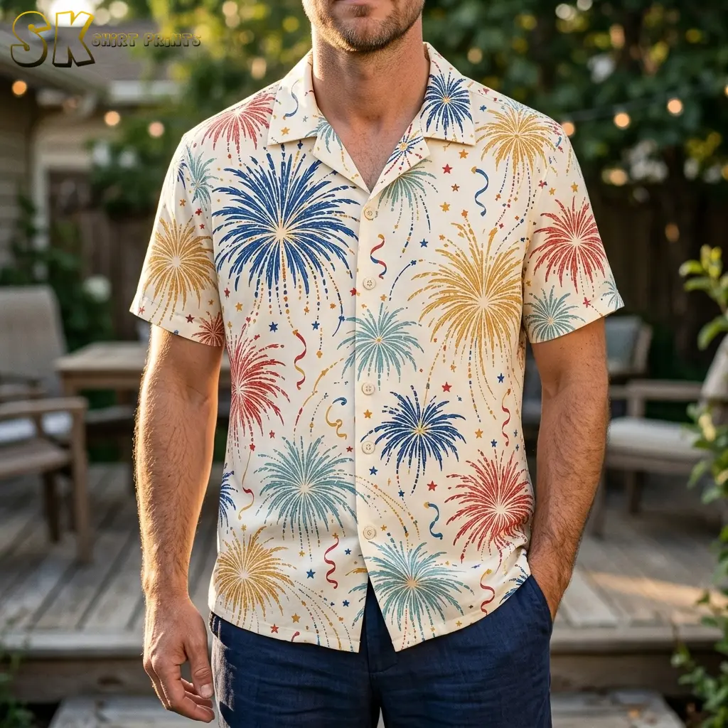 A man wears an ivory firework-print button-up shirt with dark blue pants on an outdoor patio.