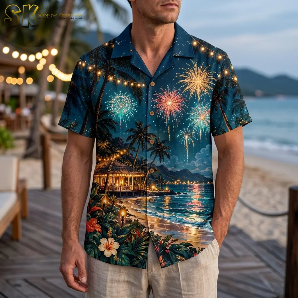 A man wears a blue fireworks-print Hawaiian shirt with light-colored pants on a beachside wooden walkway.