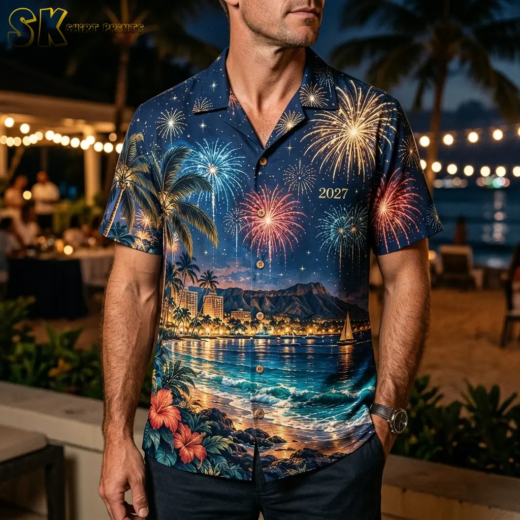 A man wears the navy fireworks button-up with dark pants beside a waterfront lit by string lights.