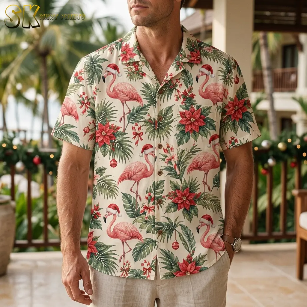 A man wears a cream flamingo Christmas shirt with light-colored pants on a porch decorated with holiday garland.