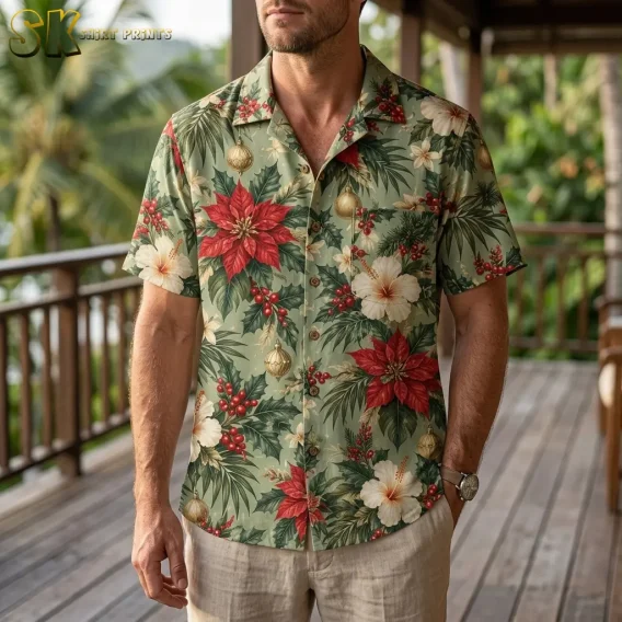A man stands on a wooden deck wearing a green Hawaiian Christmas shirt with red poinsettias and gold ornament motifs.