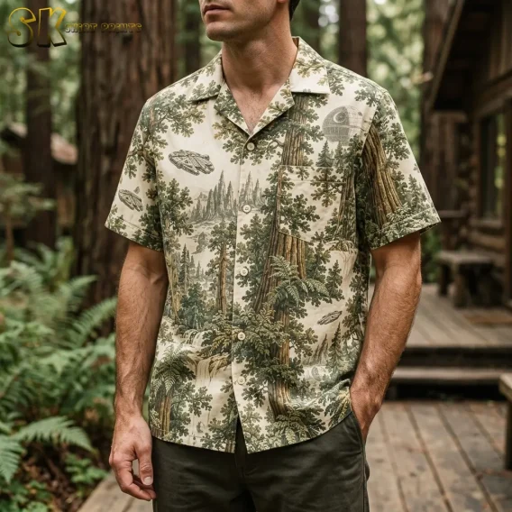 A man wears a cream forest-and-spacecraft print button-up shirt with dark pants on a wooden boardwalk among trees.