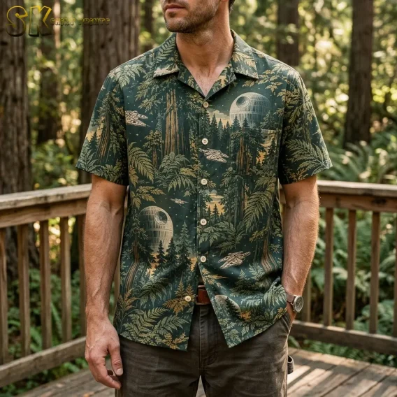 A man wears a dark green Star Wars Hawaiian shirt on a wooden deck, with a Death Star printed above the chest pocket.