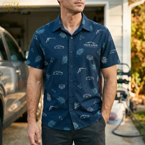 A man stands in front of an open residential garage wearing a navy logo hawaiian shirt printed with line-art cars, spray guns, and palm leaves, with a pressure washer visible in the background.