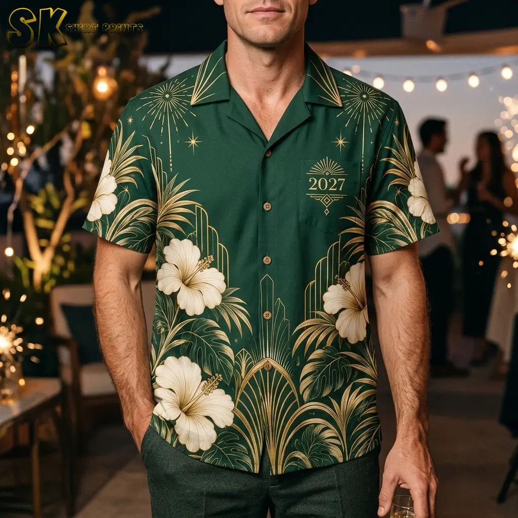 A man wears a green New Year shirt with gold 2027 text on the chest and cream hibiscus flowers at a party.