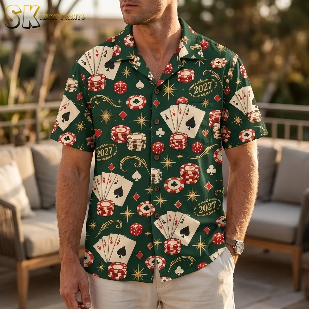 A man wears a dark green short-sleeve button-up shirt with playing cards, poker chips, and gold 2027 accents on a patio.