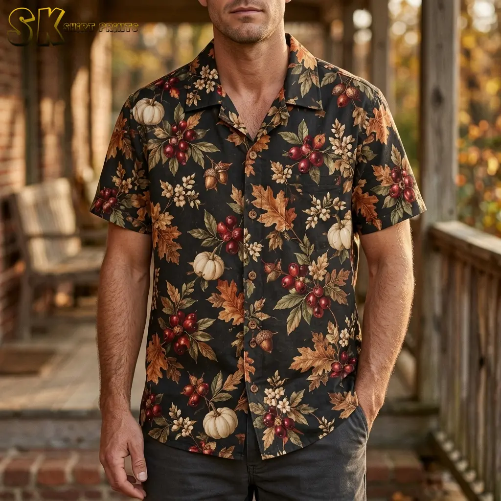 A man stands on a wooden porch wearing a black Thanksgiving Hawaiian shirt for men with white pumpkins and autumn leaves.