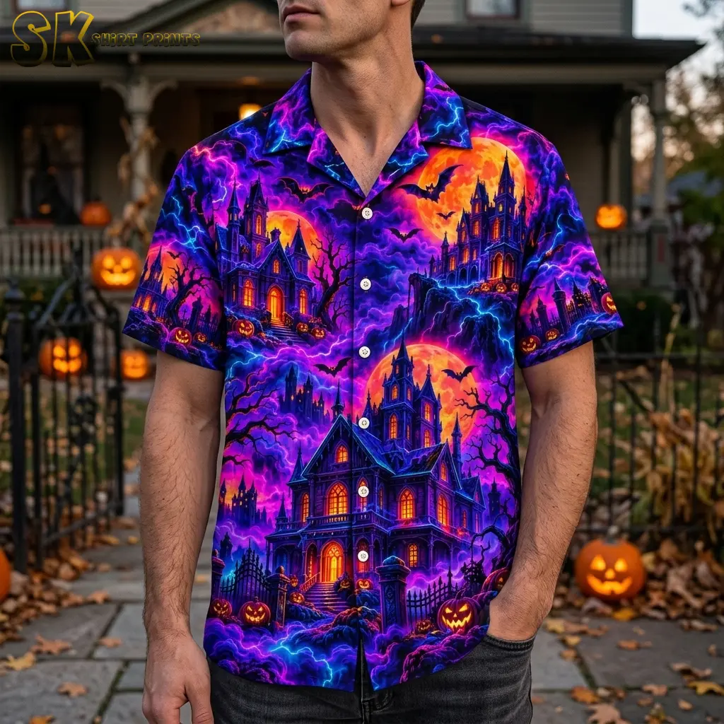 A man wears a purple and orange haunted house shirt with dark jeans outside a porch decorated with jack-o'-lanterns.