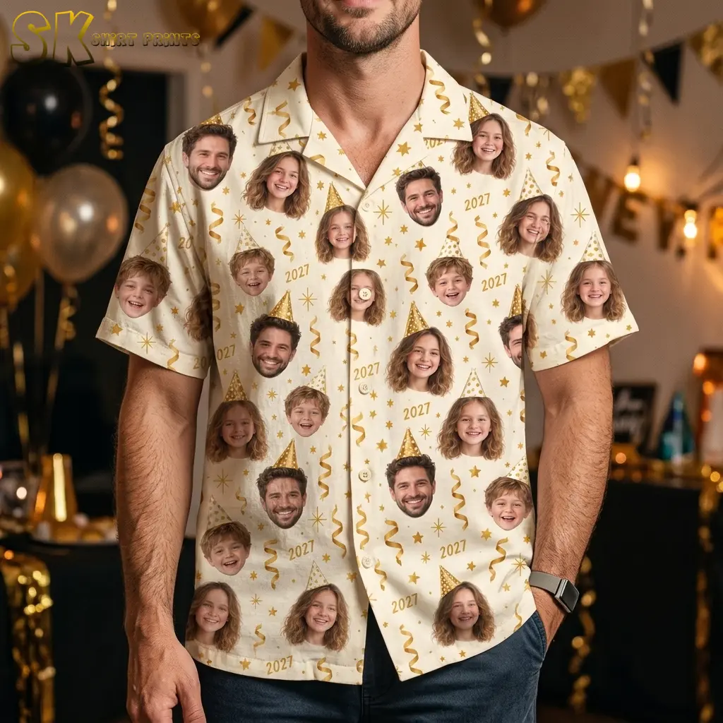 A man wears an ivory short-sleeve button-up with smiling face portraits and gold 2027 numbers amid balloons and hanging streamers.