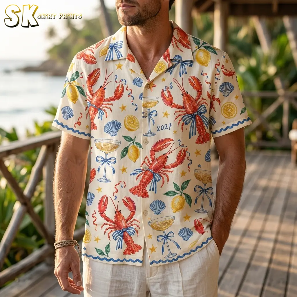 A man wears the cream button-up shirt on a waterfront deck, showing red lobsters with blue bows and a 2027 print.