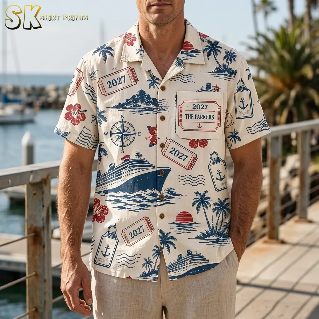 A man stands beside a marina railing wearing a cream cruise-print shirt with a navy ship and a “2027 THE PARKERS” chest pocket.